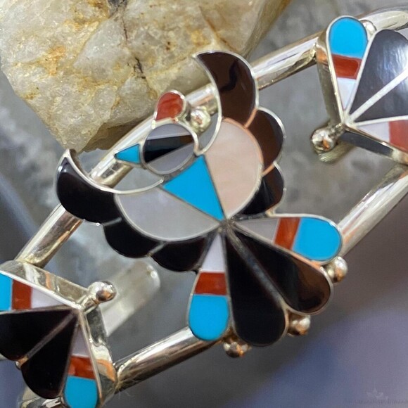 Beon Wallace Zuni Native American Sterling Multi Stones Inlay Thunderbird Cuff - Picture 5 of 10
